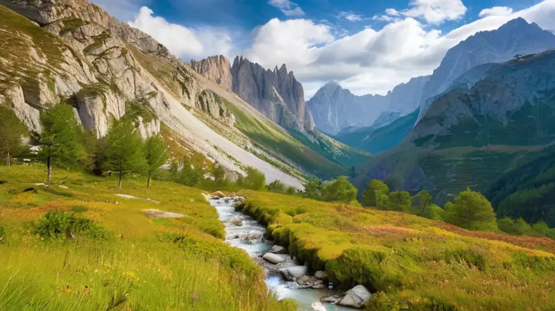 La montaña Picos de Europa se muestra con su majestuosidad bajo un cielo azul claro y nubes blancas