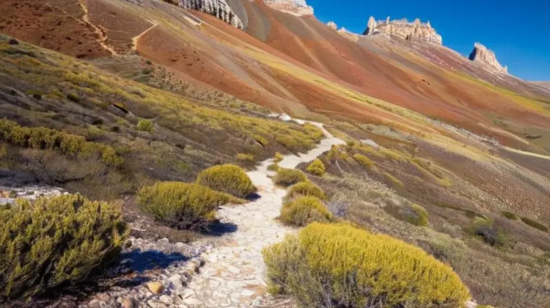 Una vista panorámica de paisaje montañoso con colinas verdes y rocas coloridas