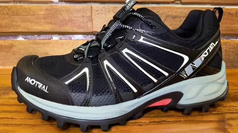 La zapata de senderismo Montrail Trinity AG tiene un diseño bajo del talón con una superior negra hecha de cuero vegano que parece desgastado y suela traslúcida con profundas patrones de hendidura