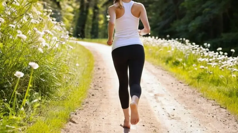 Una mujer corriendo descalza por un campo de hierba verde y llena de dálias mientras su cabello está recogido en un rabito