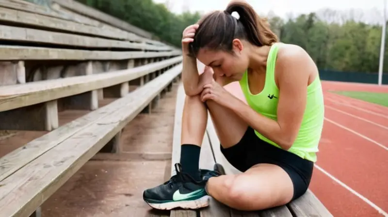 Un joven atleta se sienta en una bancada de madera desgastada