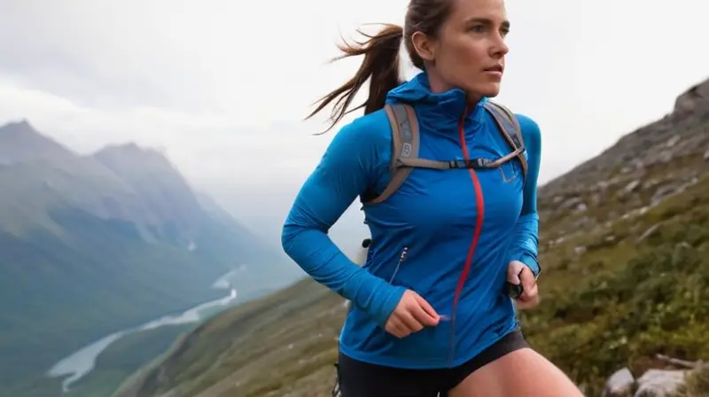 Una atleta corriendo por un senderillo montañoso bajo la lluvia con el Kilian Jornet observándola desde la distancia