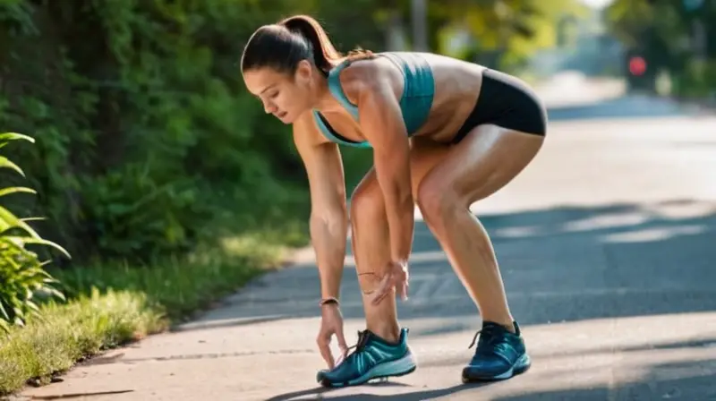 Una joven atlética corre por un suelo urbano antiguo bajo el calor del sol