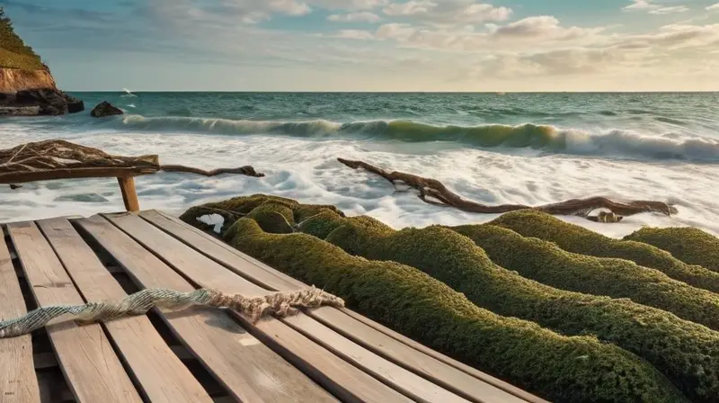 Una nadadora se sumerge en olas verdes mientras un caluroso sol ilumina una tranquila escena de playa con colores pastel