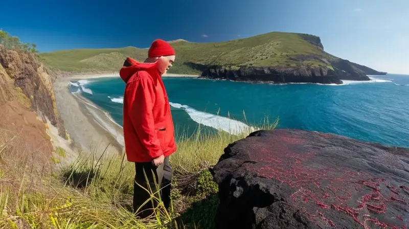 Un hombre con una gorra roja se encuentra de pie en la orilla del mar