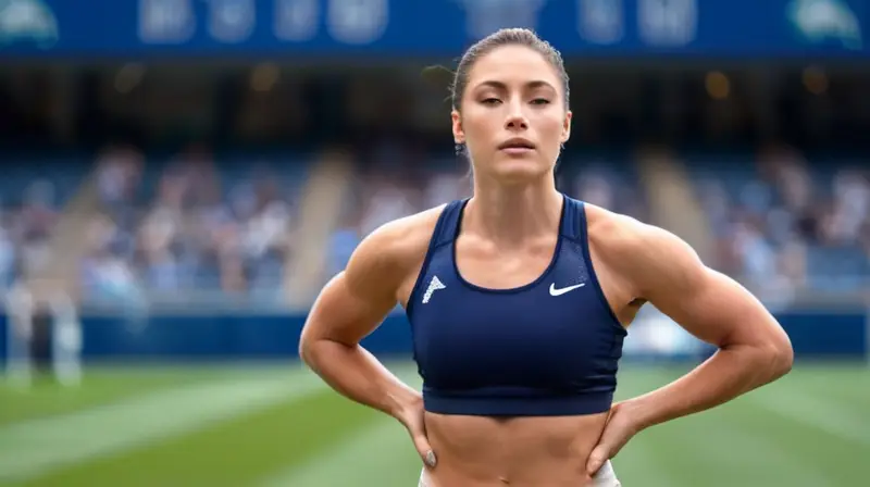 La figura de una deportista femenina está en el primer plano, destacando su musculatura y mirada atenta