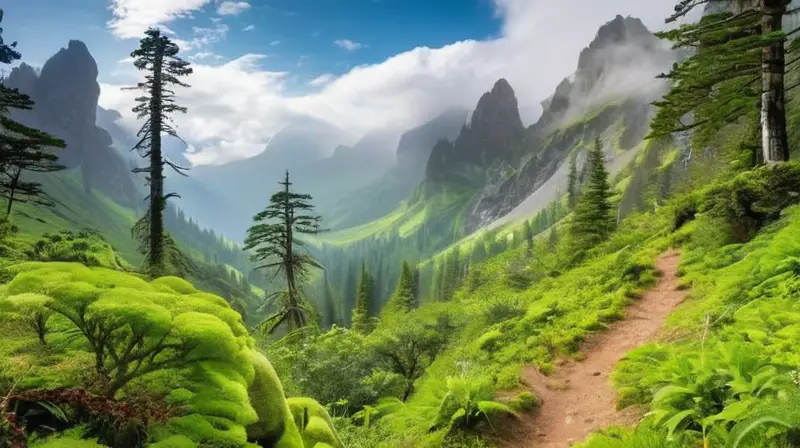 El sendero está rodeado por un bosque verde y densamente poblado con un horizonte de cimas soleadas a lo lejos