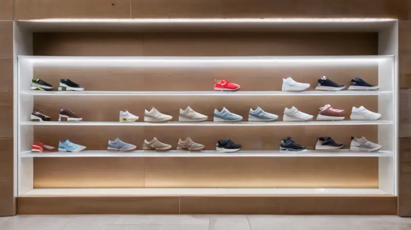 La tienda tiene un diseño minimalista con estanterías de hormigón y vitrinas que exhiben zapatillas New Balance en una atmósfera acogedora y luminosa