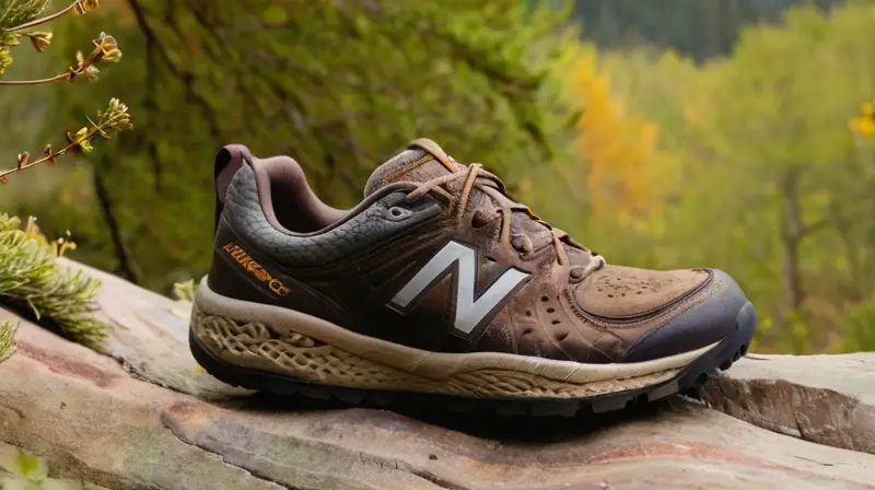 Un par de zapatos New Balance vistos desde abajo en un paisaje rocoso con una naturaleza selvática circundante