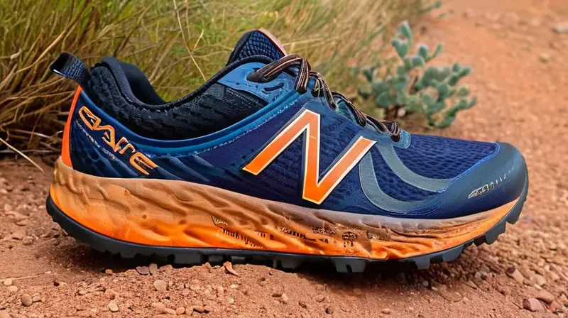 Un par de zapatos New Balance Hierro V9 descansan sobre un terreno rocoso con detalles destacados del desgaste y la suciedad