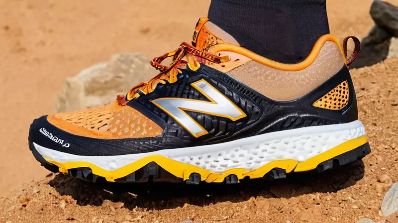 La imagen muestra un zapato New Balance Hierro V9 sobre una superficie exterior rugosa con detalles de desgaste y rasguños