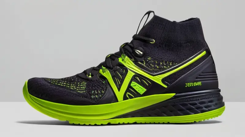 Un par de zapatos deportivos negros con detalles verdes brillantes descansan sobre un suelo desgastado gris y brillante bajo una iluminación que destaca sus texturas y sombras