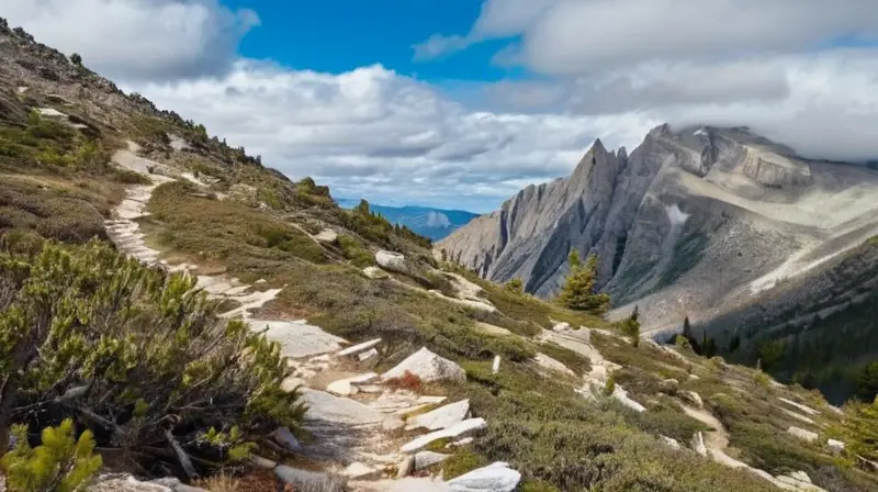 Un sendero montañoso accidentado, rodeado de pinos centenarios y abruptas peñas grises, se extiende bajo un cielo azul claro con nubes suaves