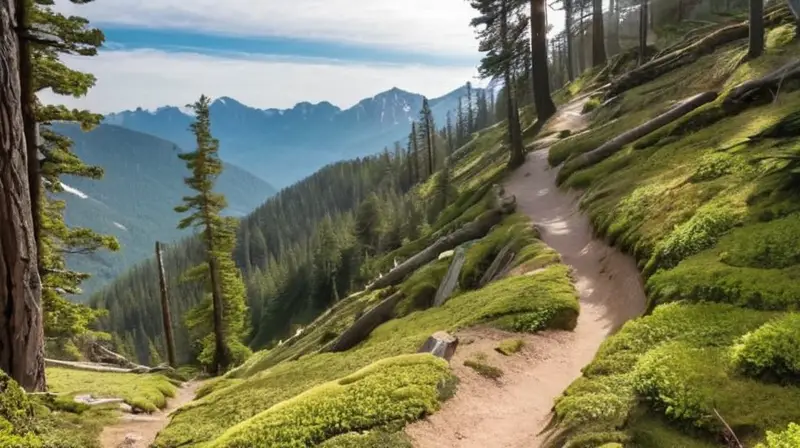 Un sendero de montaña pintoresco se despliega con troncos y ramas cubiertos de musgo