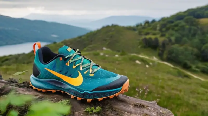 Un par de zapatos de senderismo Nike mostrados en un paisaje montañoso con hierba y hojas secas