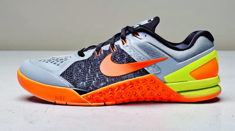 La imagen muestra los detalles detallados de una par de zapatos deportivos Nike Metcon 2