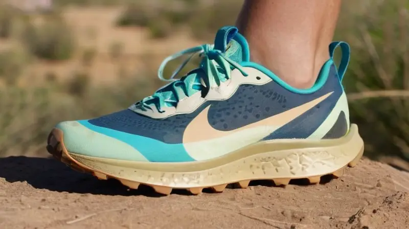 Un par de zapatos de senderismo (Nike Pegasus Trail 5 Gore-Tex) camina en un paisaje desértico rocoso y soleado