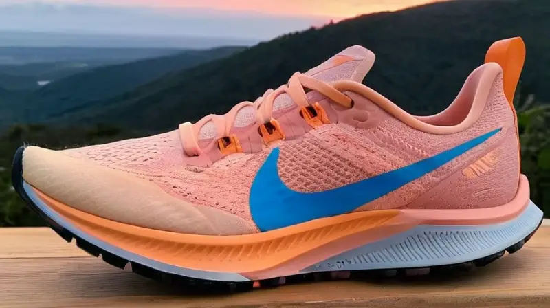 Las Zapatillas Nike Pegasus Trail 5 se destacan sobre un banco de madera en un cielo gris claro con una luz cálida que enfatiza su textura peculiar