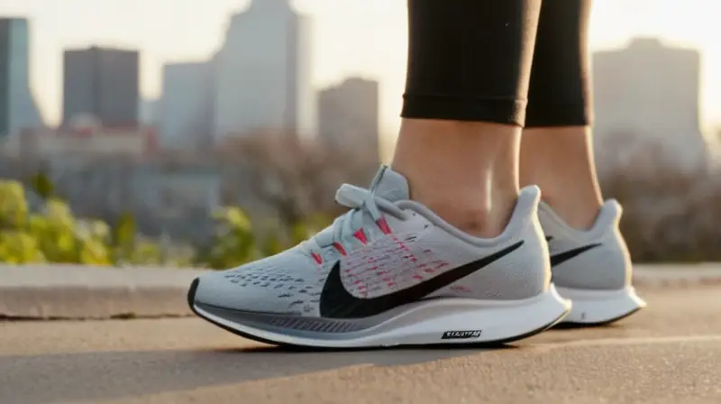 Se muestra una imagen en alta definición de los pies de un corredor con zapatillas Nike Pegasus Turbo 3 enfrente de un paisaje urbano borroso