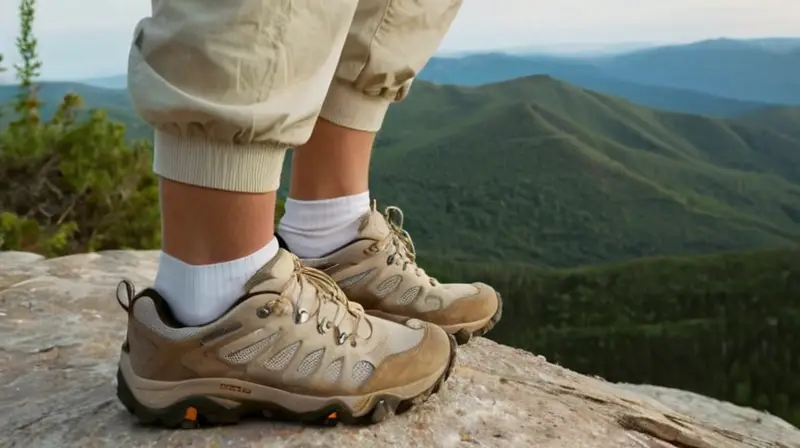 Un senderista viste una camisa blanca y pantalones beige, complementados por botas de montaña oscuras, mientras sostiene en sus manos zapatillas de correr en un altozano