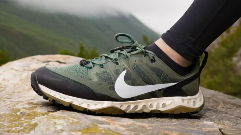 La imagen muestra un Nike Trail Zegama en primer plano sobre un fondo de naturaleza con detallado diseño y materiales