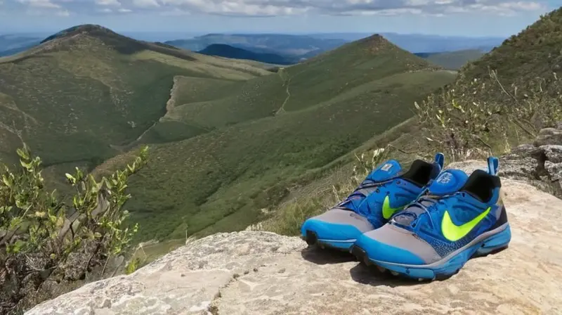 Un par de zapatos de senderismo Nike descansa en raíces, destacados por sus colores y detalles sobre un fondo de rocas pedregosas y arbustos secos
