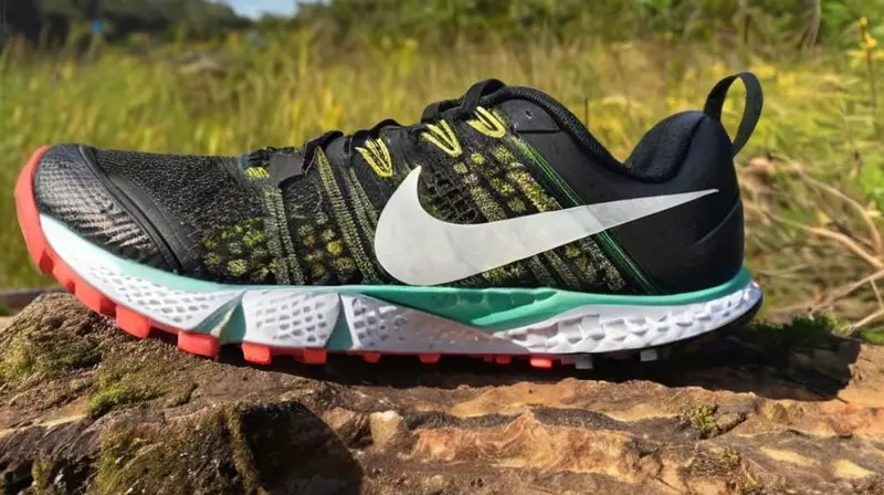 Esta imagen muestra un zapato de trail running Nike Wildhorse 10 con detalles precisos y texturas resaltadas bajo la luz del sol