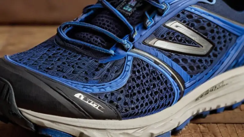 Un zapato de trail running usado muestra signos de desgaste y deterioro en su tejido de malla, junto con detalles realistas en el diseño de la soleta y sus grietas