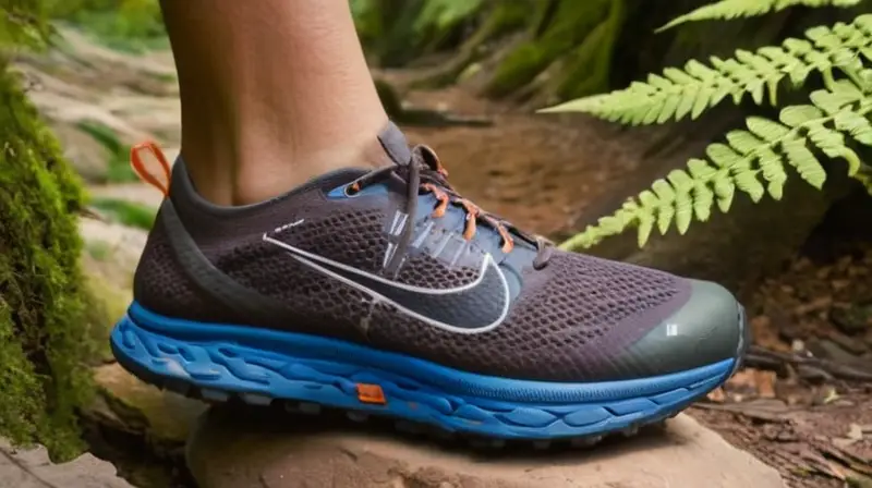 Un zapato para correr en terreno rugoso, el Nike ZoomX Vibram Zegama 2, se destaca en un entorno rústico junto a una pared rocosa y vegetación exuberante