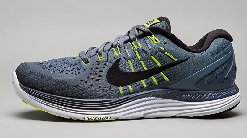 Las zapatillas de running Nike LunarGlide se muestran en un fondo gris con detalles como sujeto y laces, soportes de transparencia y texturas