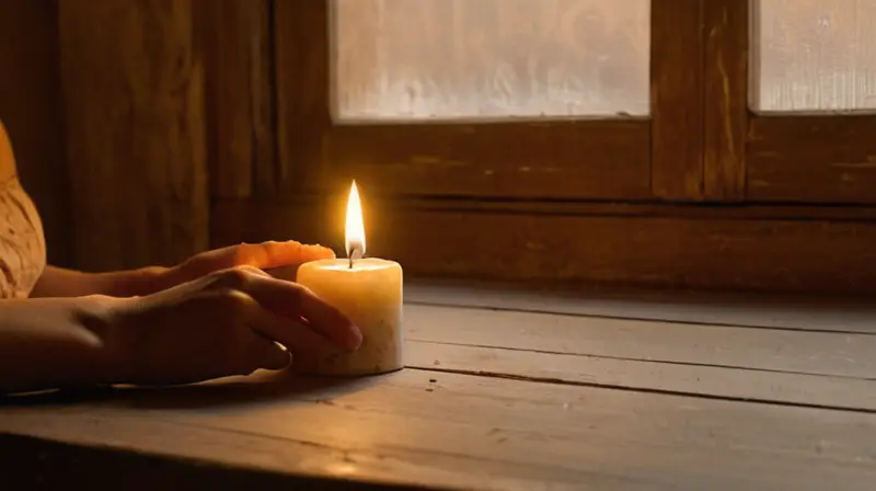 Una mujer anciana sostiene una vela en silencio frente a un fondo sombrío