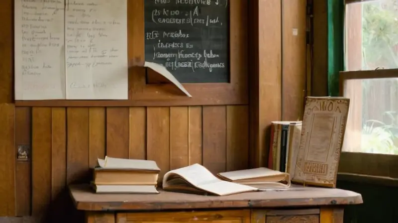 Un escritorio antiguo y desgastado se encuentra en un gimnasio anticuado, rodeado de objetos y notas organizados con dedicación