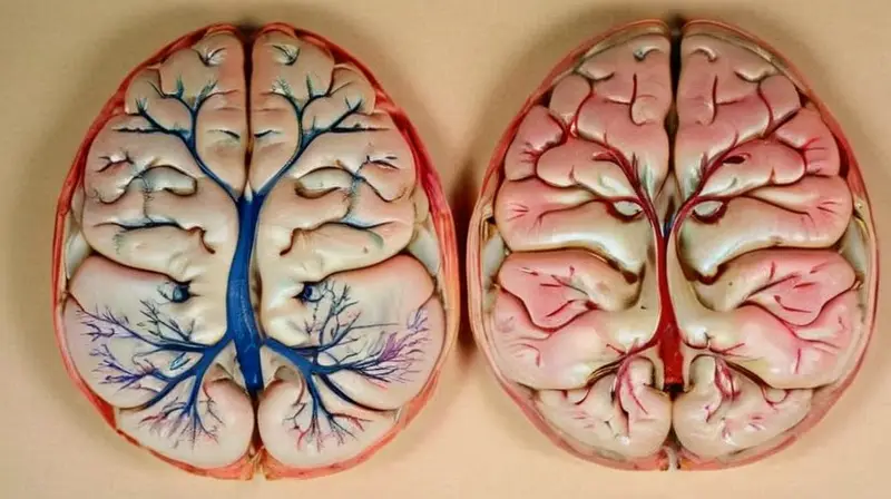 La pintura muestra un cerebro humano con detalles intrincados e impresionantes, rodeado de un fondo sereno y graduado