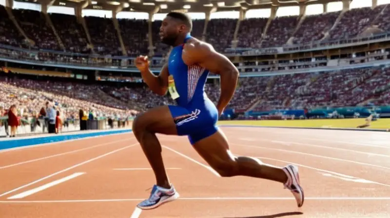 Noah Lyles corrige la pista con velocidad explosiva, su sudorada piel se baña en una mezcla de luz y sombra