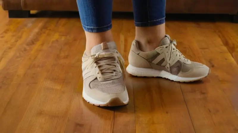 Un par de zapatos de carrera blancos se sientan sobre una mesa de madera desgastada, bajo una luz suave y cálida