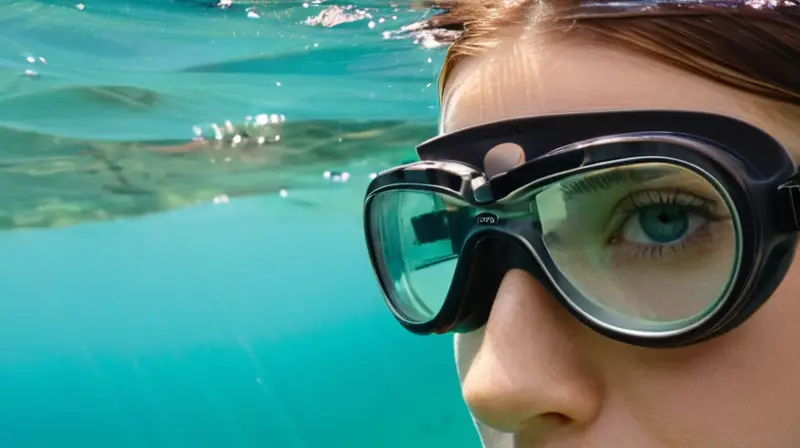 Una mano humana sostiene un par de gafas en el fondo azul del mar