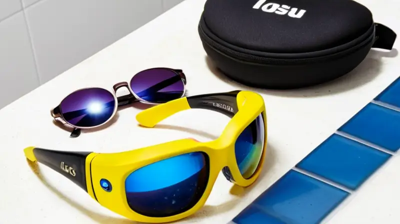 Un par de gafas amarillas brillantes reposa en una encimera azul, al lado de varias gafas y gorras de natación, junto a un monitor que muestra el texto Los mejores lentes para el agua