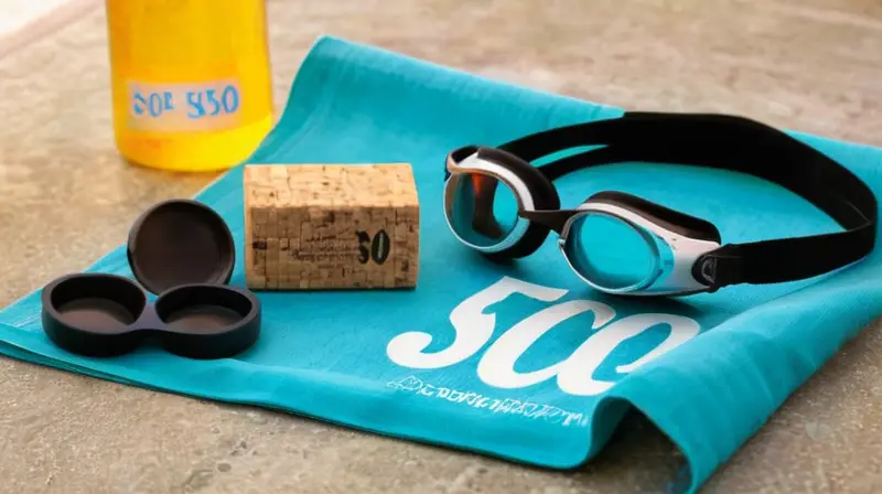 Un par de gafas de natación limpias está sobre una mesa con un frasco medio sumergido de protector solar junto a una revista de atletismo mojada