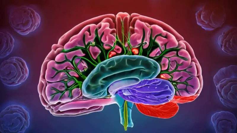 La imagen muestra una representación detallada de un cerebro humano sobregradado con estructuras moléculares de ácidos grasos saludables y no tan saludables