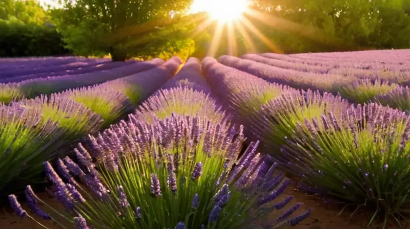 Un campo de lavanda tranquilo bañado por un suave sol calentura