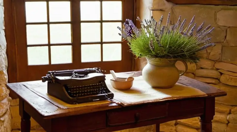 En una habitación rústica, una vieja mesa de madera ocupa el centro, rodeada por elementos naturales y texturas que crean un ambiente acogedor