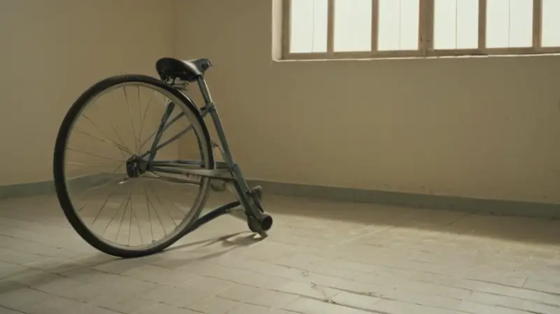 En un cuarto minimalista, una bicicleta aparcada y una persona están presentes en un entorno dominado por tonos desvaídos y detalles sutiles bajo la luz de la mañana