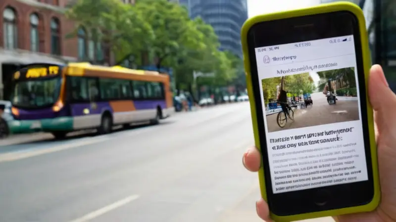 Una mujer sostiene su smartphone mostrando un artículo sobre el impacto ambiental comparativo de los vehículos eléctricos con combustibles fósiles