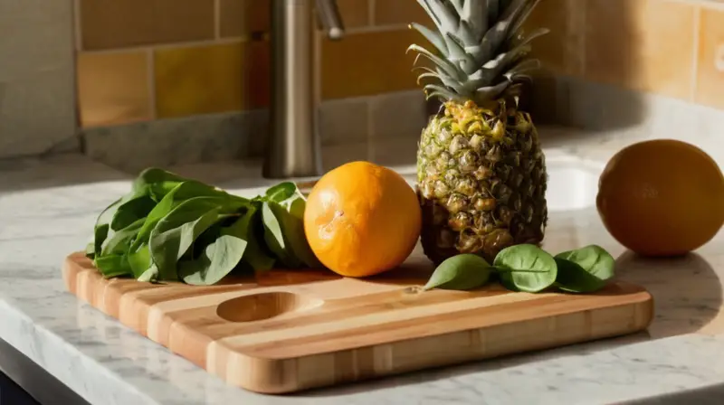 En una cocina minimalista, un tablero de madera se ubica sobre una encimera de granito con un sumidero de acero inoxidable y adyacente a ellos hay una juguete de vidrio y otros objetos