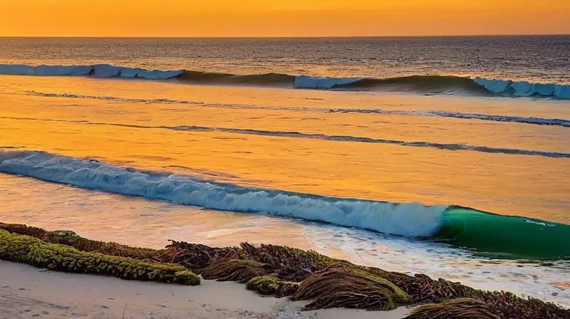 Una onda suave y tranquila desciende hacia la costa bajo el sol cálido iluminando la superficie del agua con un brillo dorado