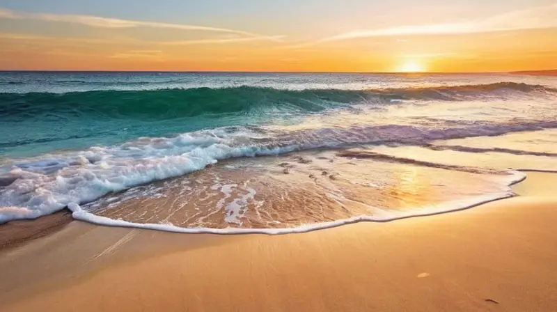 Una puesta de sol sobre la orilla del mar con olas que rompen en la playa de grano fino y arena dorada