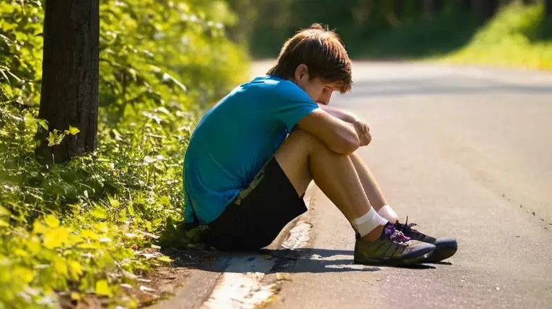 Un joven ciclista con una lesión en la rodilla está sentado debajo de un árbol