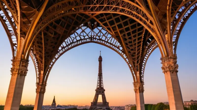 La Torre Eiffel se eleva majestuosamente en la aurora parisina, rodeada de un paisaje sereno con el Parc des Princes brillando a su lado