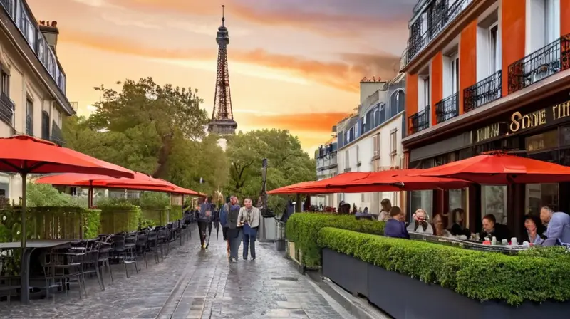 Una calle parisina tranquila presenta el Torre Eiffel iluminado con luces a lo largo de calles empedradas y árboles floridos