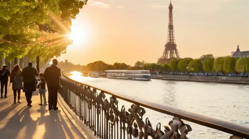 La Torre Eiffel majestuosa se alza en París, rodeada de un escenario encantado con gente y actividades que llenan el aire con una atmósfera alegre y llena de vida